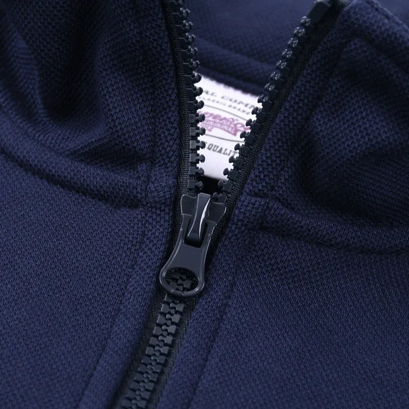 Heavyweight cotton zip-front sports sweater with stand collar in straight-cut pullover style