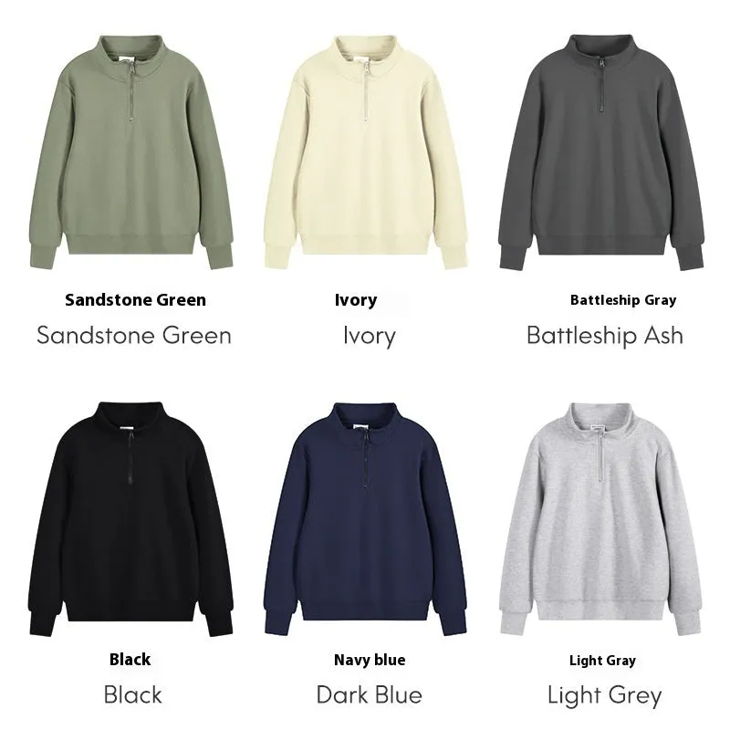 Heavyweight cotton zip-front sports sweater with stand collar in straight-cut pullover style