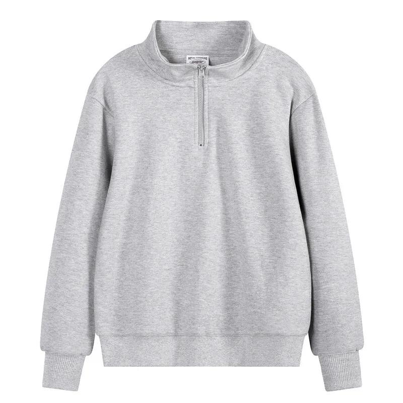 Heavyweight cotton zip-front sports sweater with stand collar in straight-cut pullover style