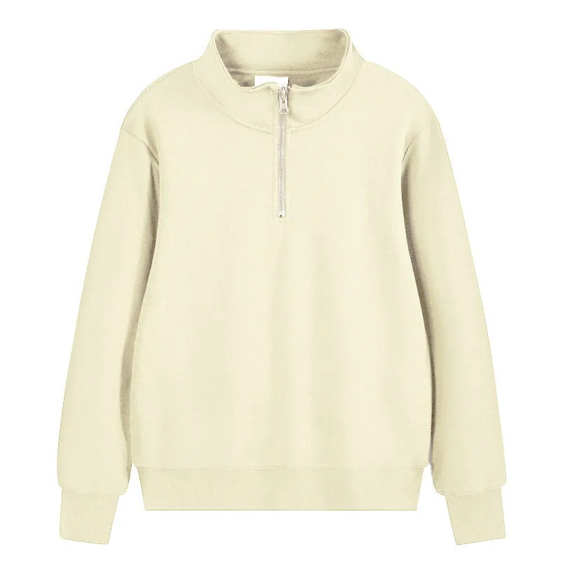 Heavyweight cotton zip-front sports sweater with stand collar in straight-cut pullover style