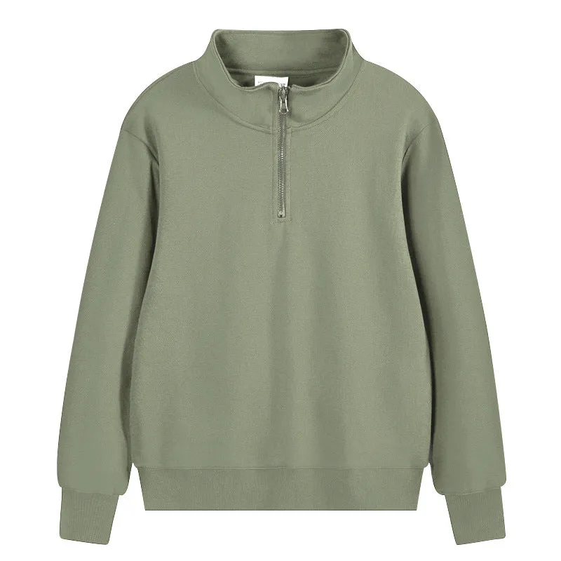 Heavyweight cotton zip-front sports sweater with stand collar in straight-cut pullover style