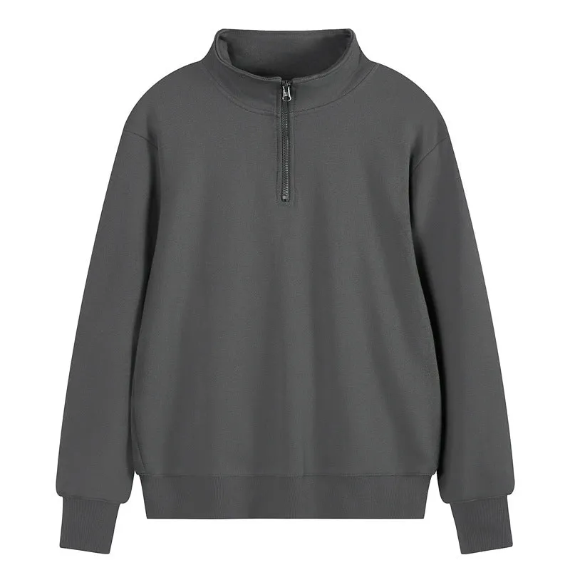 Heavyweight cotton zip-front sports sweater with stand collar in straight-cut pullover style