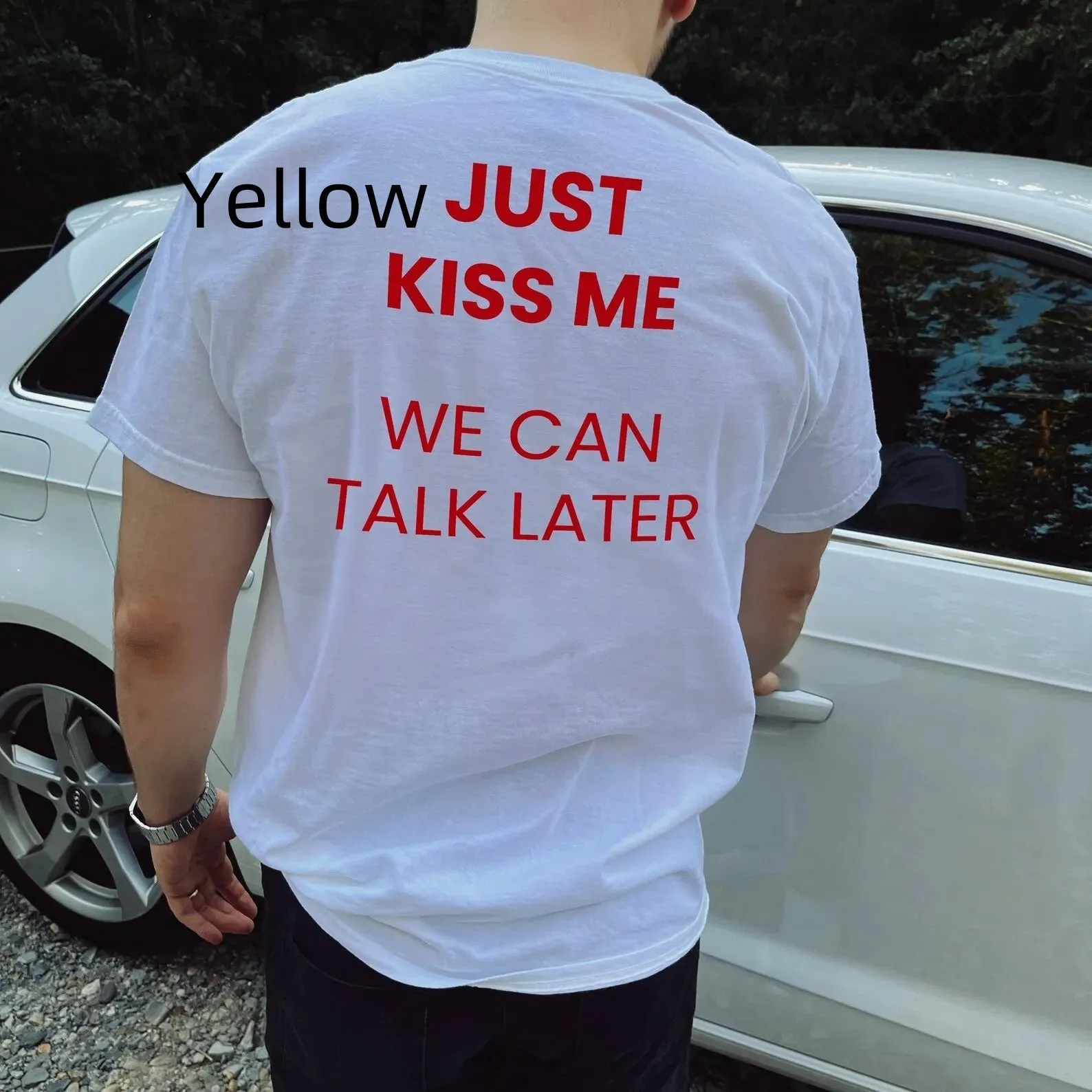 Men's printed short sleeve cotton t-shirt on a hanger showing street fashion design.