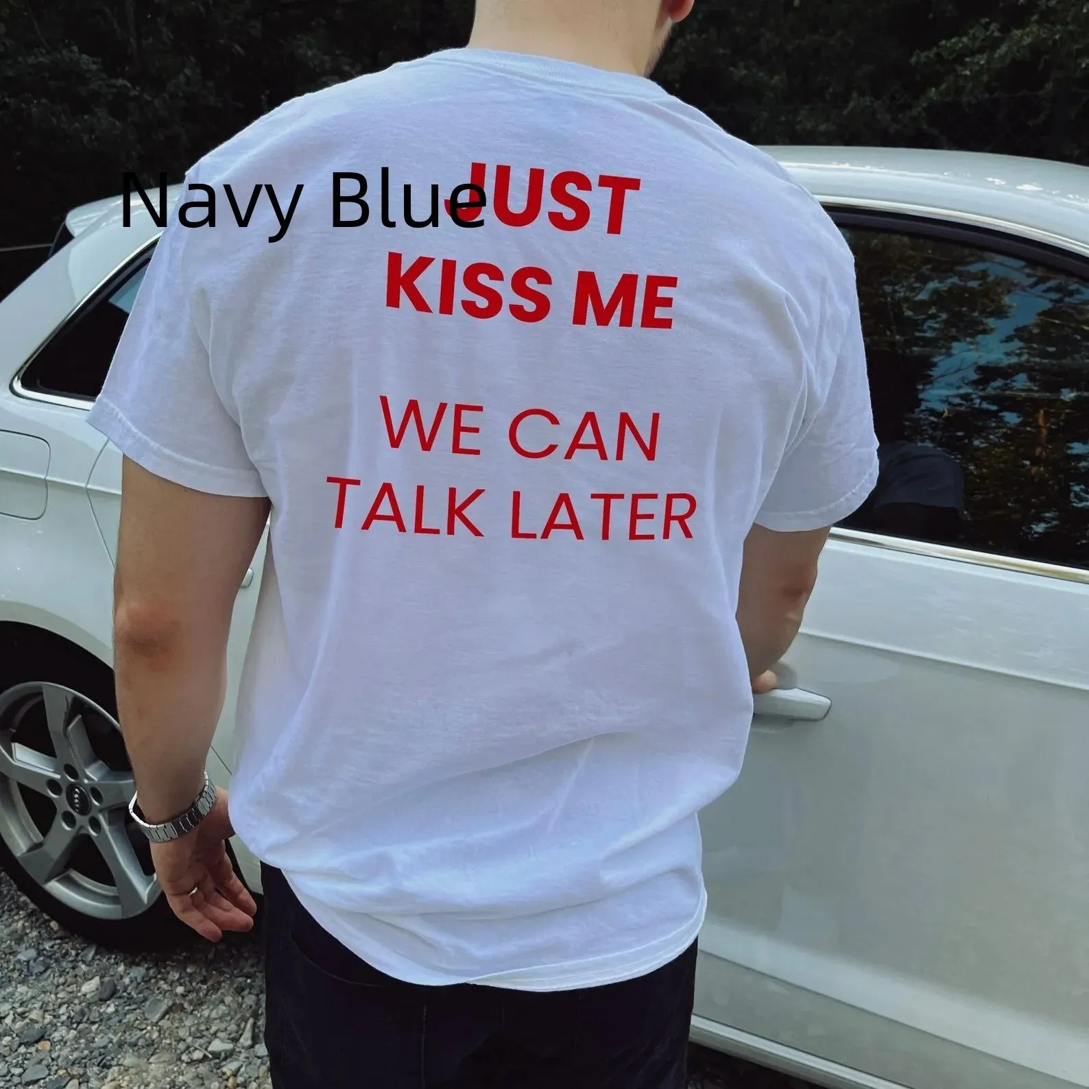 Men's printed short sleeve cotton t-shirt on a hanger showing street fashion design.