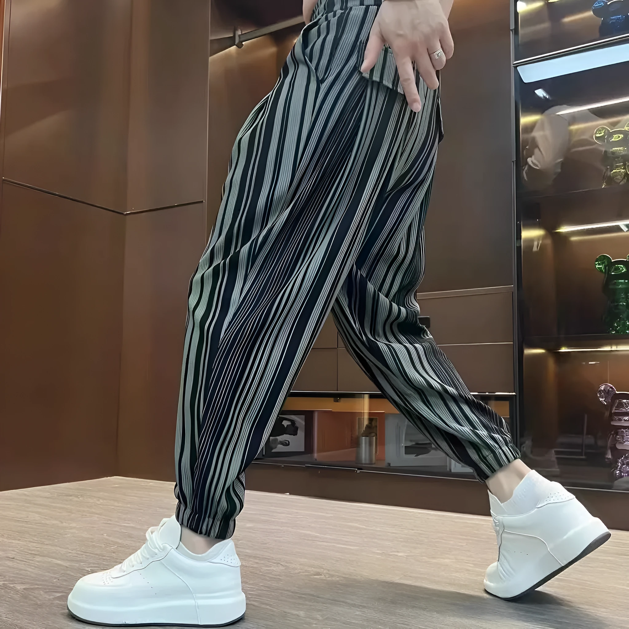 Men's striped casual trousers with ankle tie fastening in cropped ice silk design