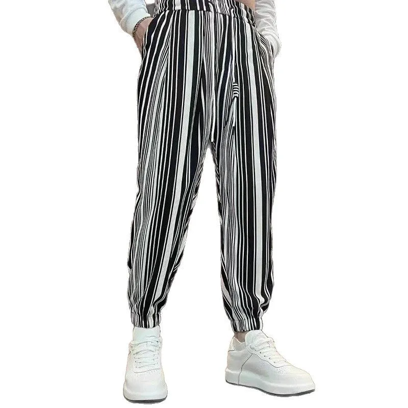 Men's striped casual trousers with ankle tie fastening in cropped ice silk design