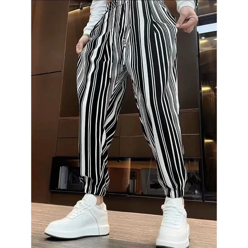 Men's striped casual trousers with ankle tie fastening in cropped ice silk design