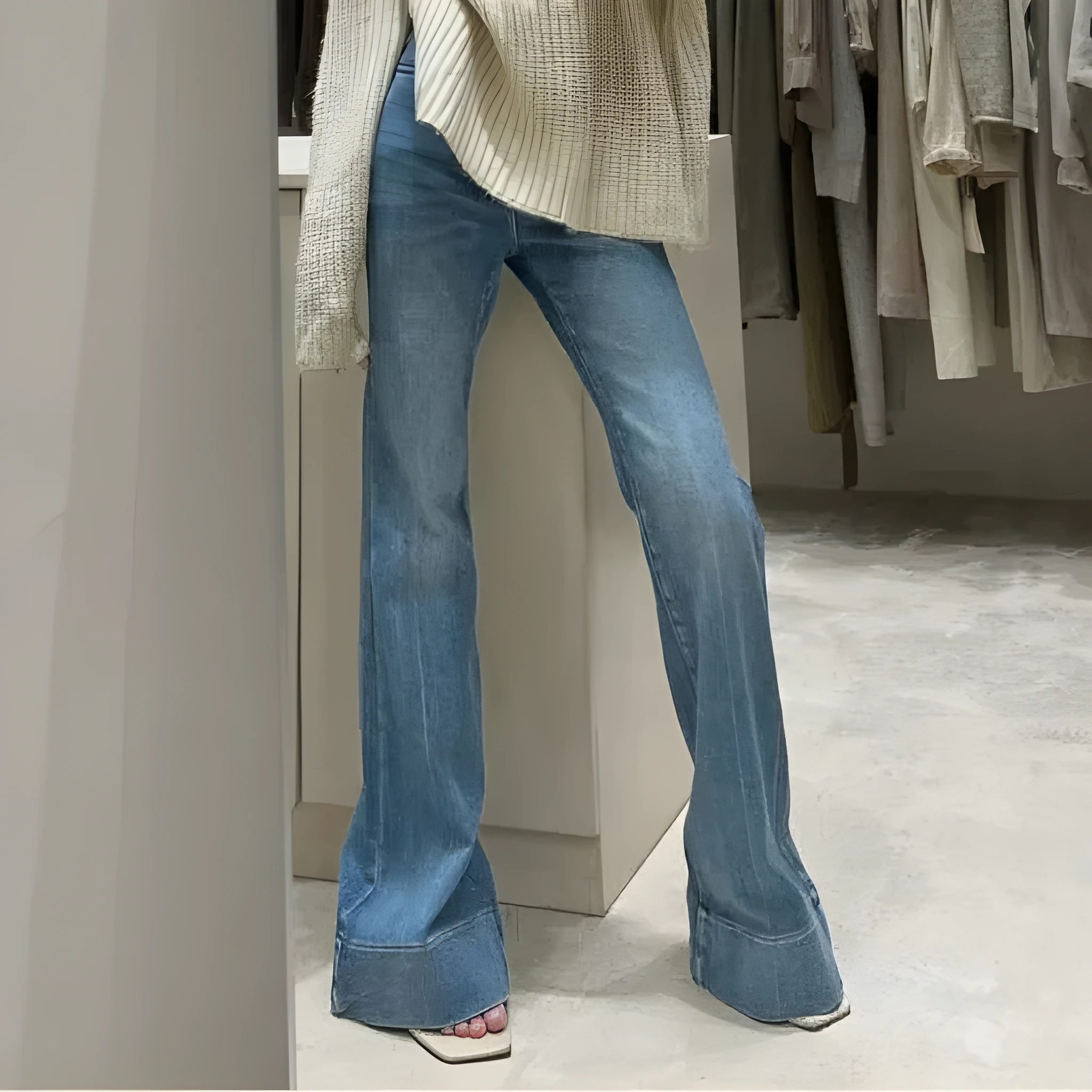 Loose fit high waist flared jeans in blue denim with urban style design