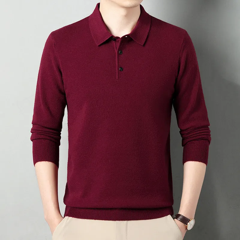 Men's winter wool lapel long sleeve sweater in camel colour, thick knit, simple style, front view