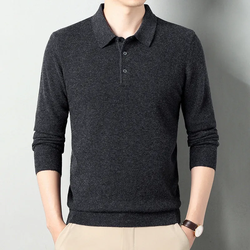 Men's winter wool lapel long sleeve sweater in camel colour, thick knit, simple style, front view