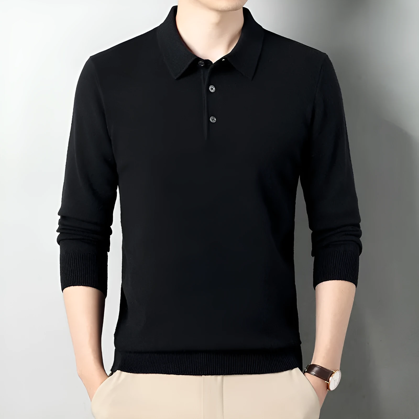 Men's winter wool lapel long sleeve sweater in camel colour, thick knit, simple style, front view
