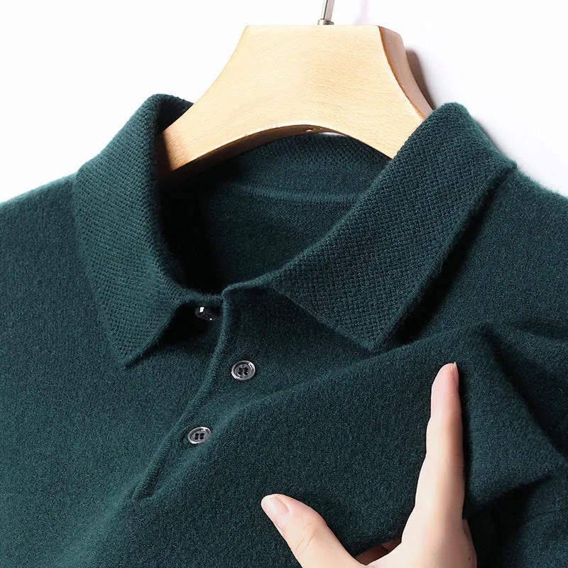 Men's winter wool lapel long sleeve sweater in camel colour, thick knit, simple style, front view