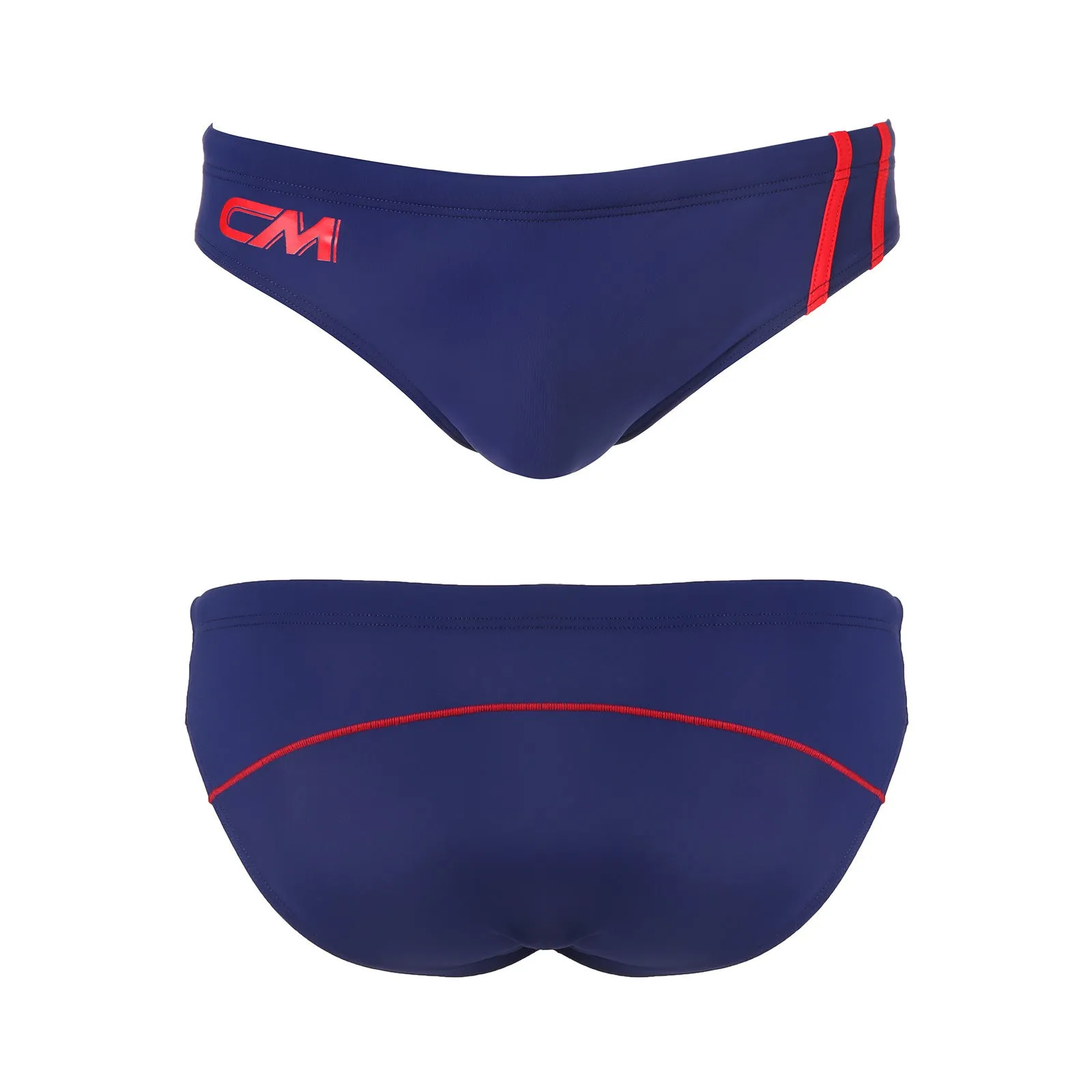 Men's nylon bikini swim trunks in white, black, red, rose red and sapphire blue colours