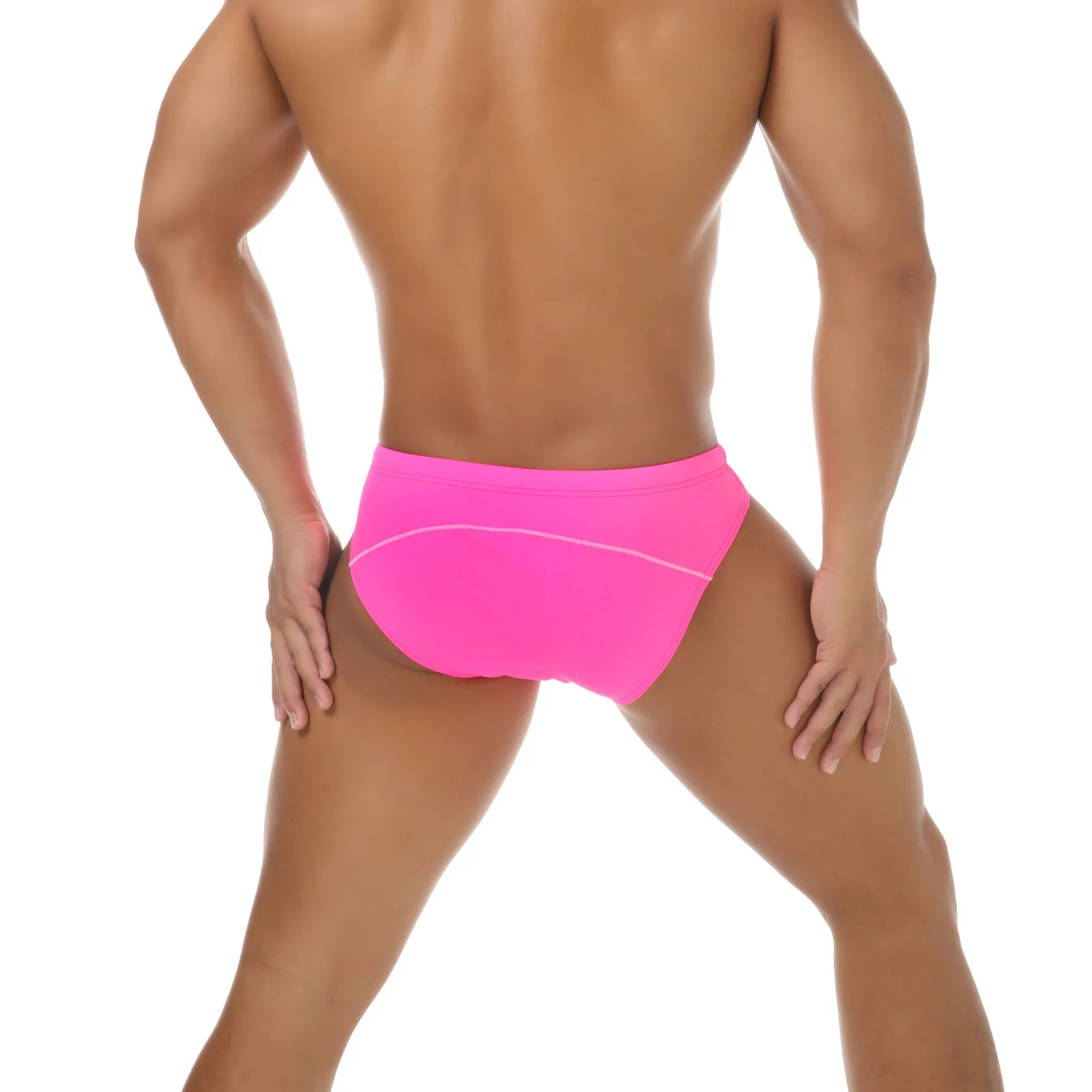 Men's nylon bikini swim trunks in white, black, red, rose red and sapphire blue colours