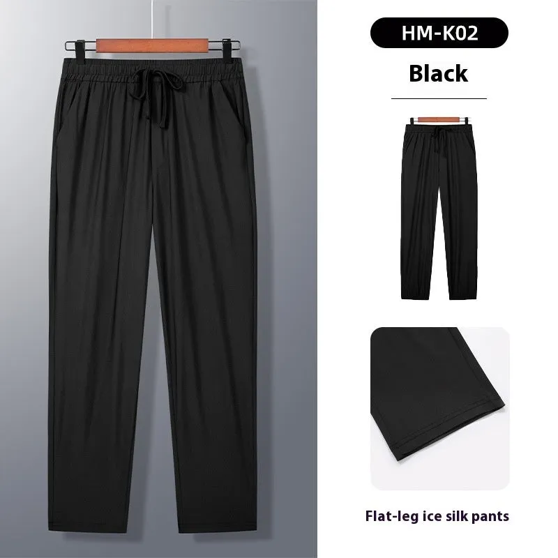 Black straight leg summer trousers with drawstring waist, made from thin ice silk blend fabric.