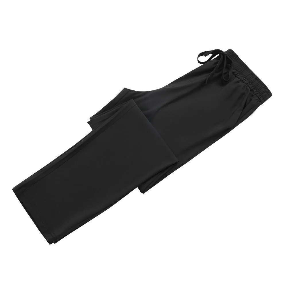 Black straight leg summer trousers with drawstring waist, made from thin ice silk blend fabric.