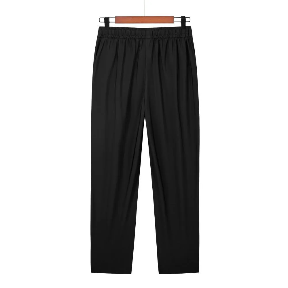 Black straight leg summer trousers with drawstring waist, made from thin ice silk blend fabric.