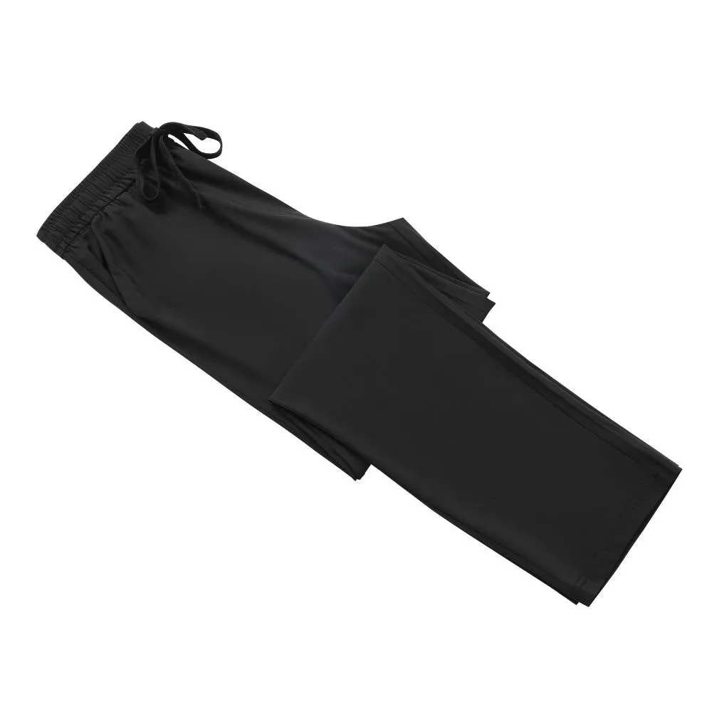 Black straight leg summer trousers with drawstring waist, made from thin ice silk blend fabric.