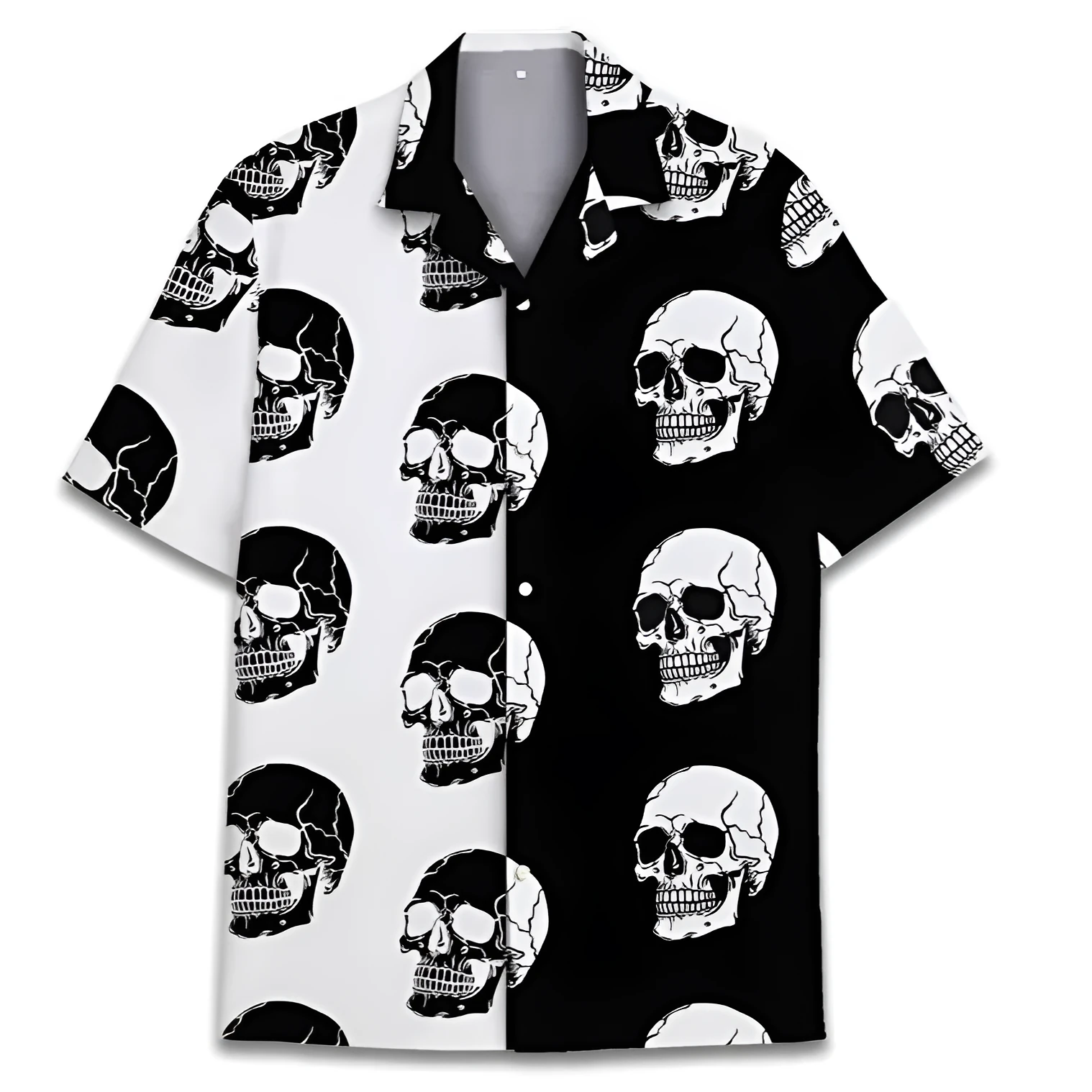 Man wearing a short-sleeve Cuban collar Hawaiian shirt with a digital print pattern.