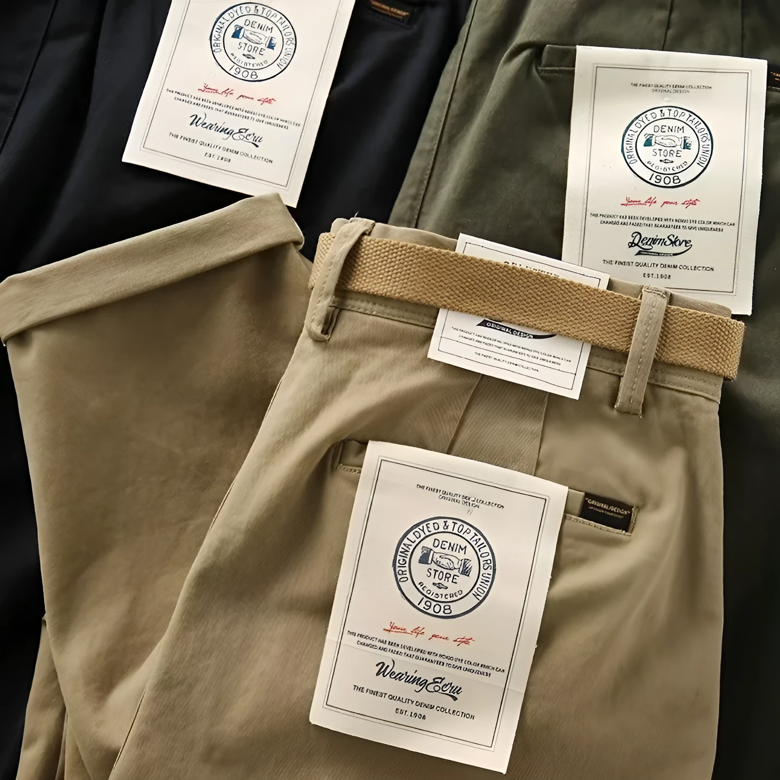 Men's straight leg loose fit cotton blend overalls in khaki colour on a hanger