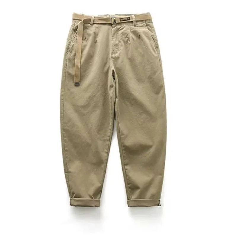 Men's straight leg loose fit cotton blend overalls in khaki colour on a hanger