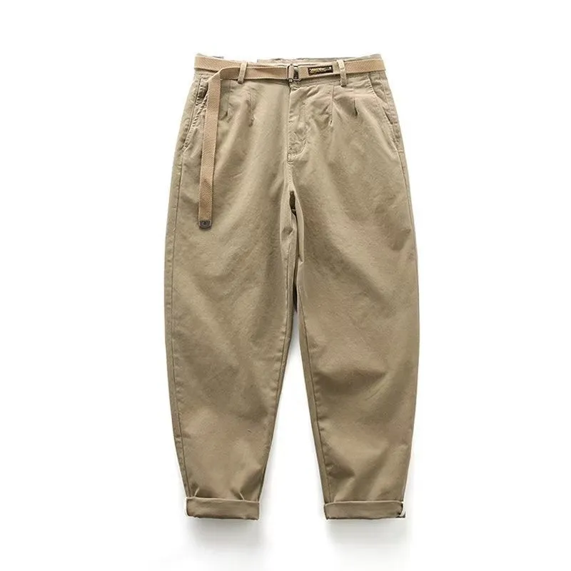Men's straight leg loose fit cotton blend overalls in khaki colour on a hanger