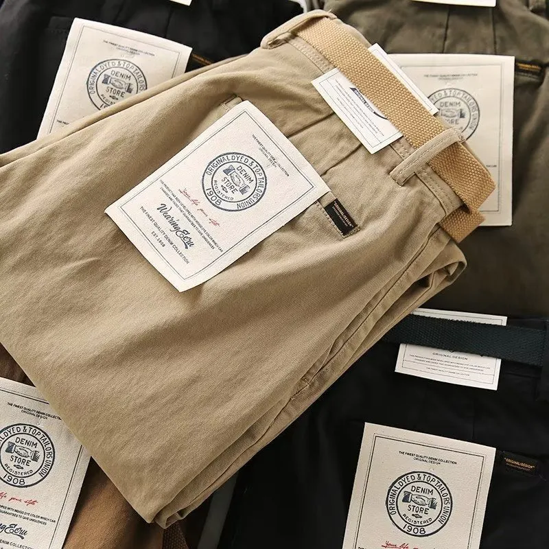 Men's straight leg loose fit cotton blend overalls in khaki colour on a hanger