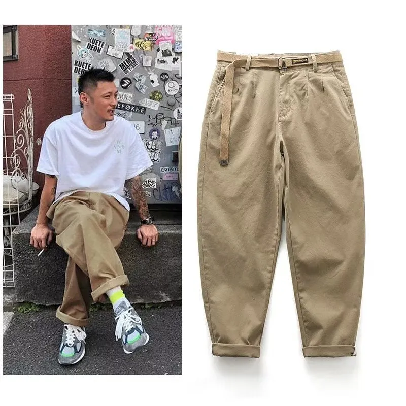 Men's straight leg loose fit cotton blend overalls in khaki colour on a hanger