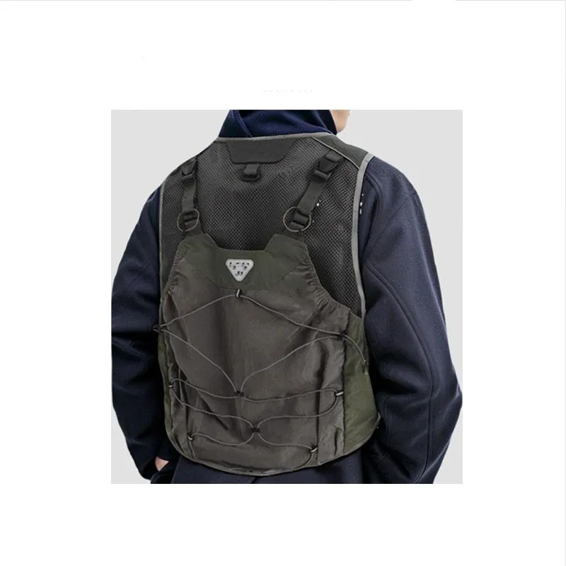 Men's gray green functional pocket cotton vest, lightweight loose fit waistcoat with front pockets