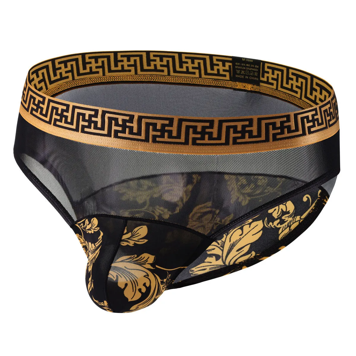 Men's mid waist briefs with nylon mesh fabric and floral stitch pattern in Timbo or Maple Leaf design