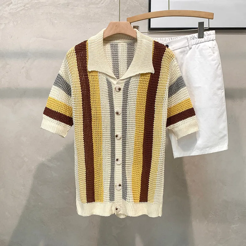 Dopamine Stripe Loose Casual Shirt for Men – pullover half sleeve top in yellow, polyester fabric