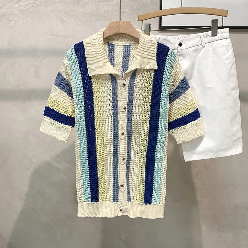 Dopamine Stripe Loose Casual Shirt for Men – pullover half sleeve top in yellow, polyester fabric