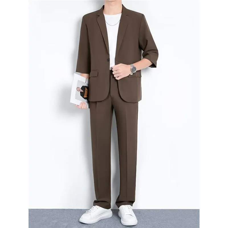 Light business summer suit with half sleeve jacket and trousers in thin cotton fabric