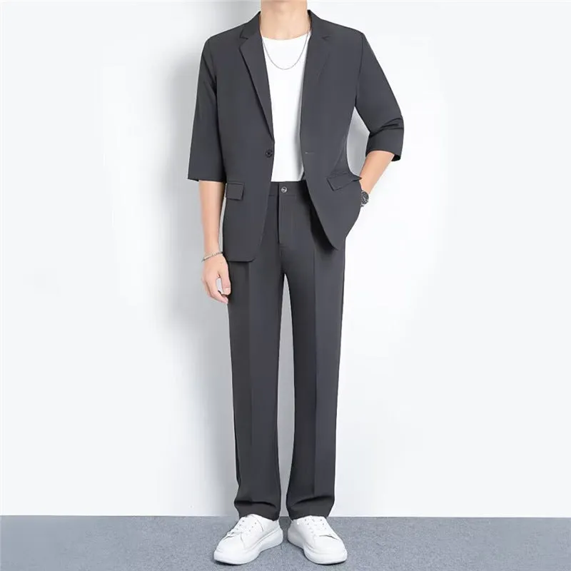 Light business summer suit with half sleeve jacket and trousers in thin cotton fabric