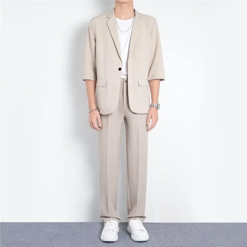 Light business summer suit with half sleeve jacket and trousers in thin cotton fabric