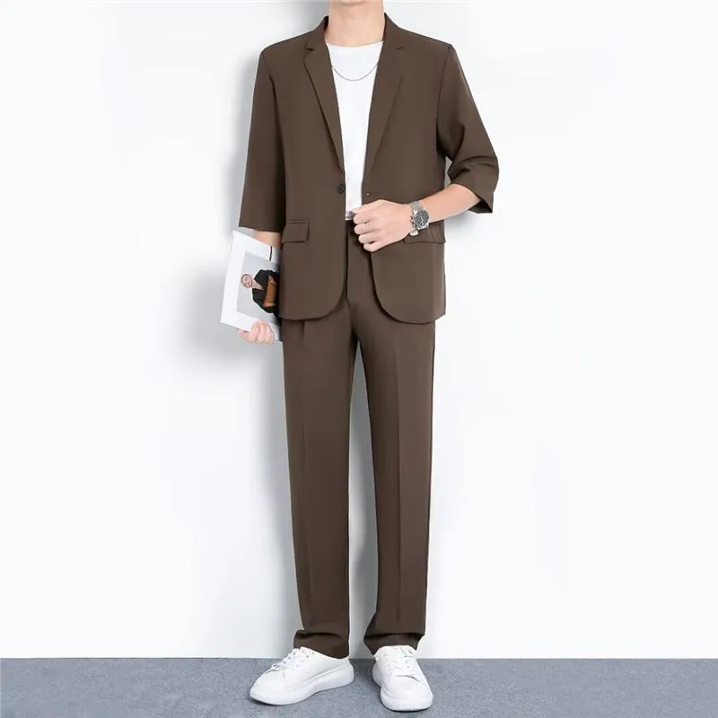 Light business summer suit with half sleeve jacket and trousers in thin cotton fabric