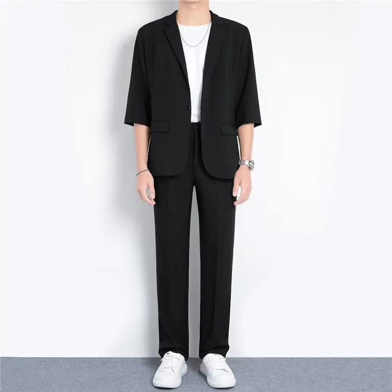 Light business summer suit with half sleeve jacket and trousers in thin cotton fabric