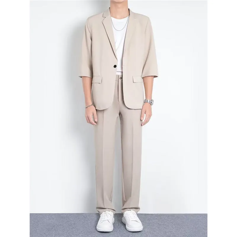 Light business summer suit with half sleeve jacket and trousers in thin cotton fabric