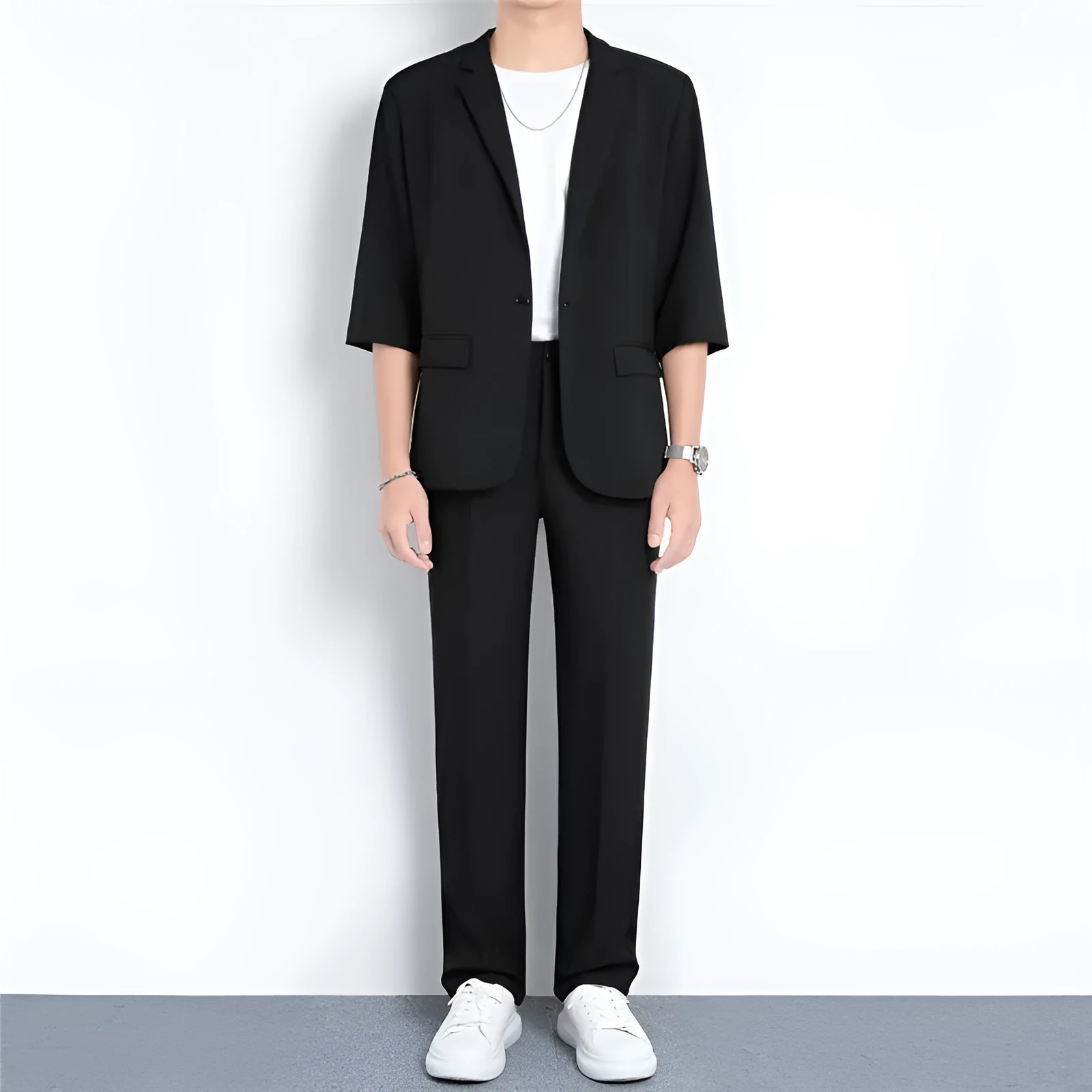 Light business summer suit with half sleeve jacket and trousers in thin cotton fabric