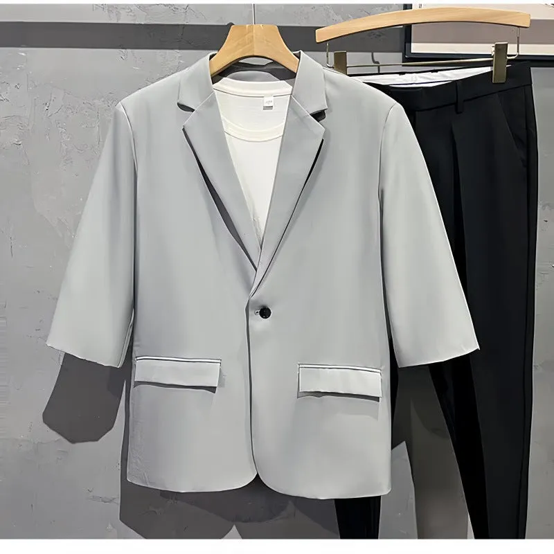 Light business summer suit with half sleeve jacket and trousers in thin cotton fabric