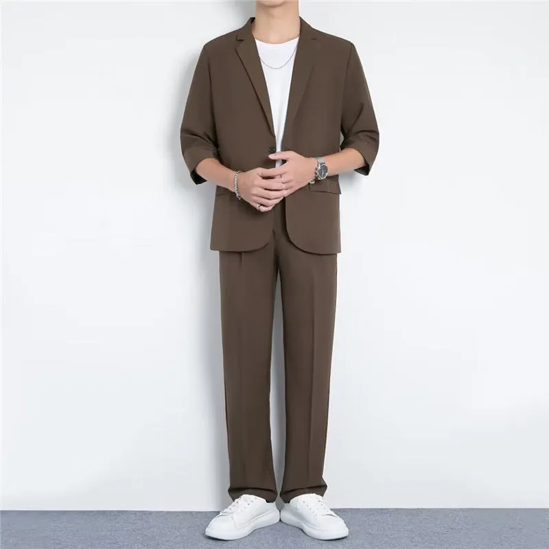 Light business summer suit with half sleeve jacket and trousers in thin cotton fabric