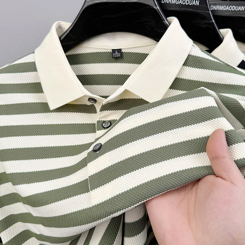 Men's black lapel jacquard stripes short-sleeve shirt on a hanger, showing asymmetrical design.