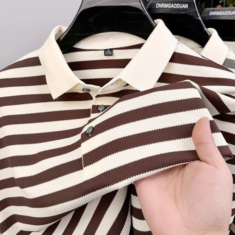 Men's black lapel jacquard stripes short-sleeve shirt on a hanger, showing asymmetrical design.