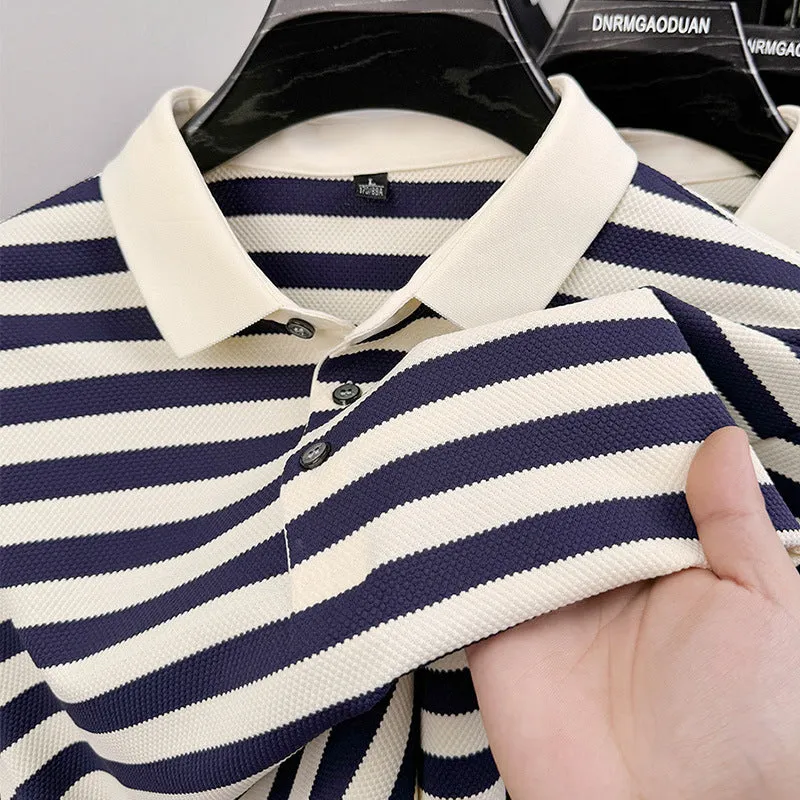 Men's black lapel jacquard stripes short-sleeve shirt on a hanger, showing asymmetrical design.
