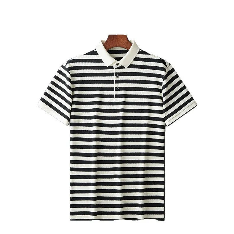 Men's black lapel jacquard stripes short-sleeve shirt on a hanger, showing asymmetrical design.