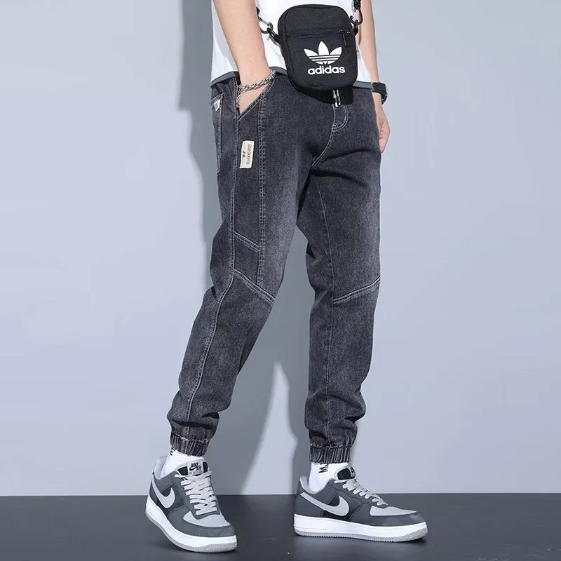 Men's slim fit ankle-tied harem jeans in blue, black, and gray – straight-leg cotton denim trousers