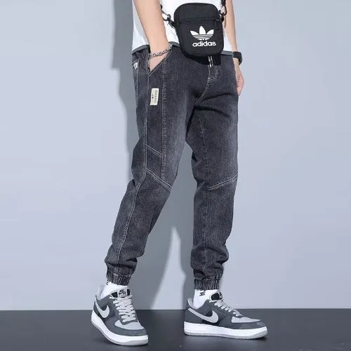 Men's slim fit ankle-tied harem jeans in blue, black, and gray – straight-leg cotton denim trousers