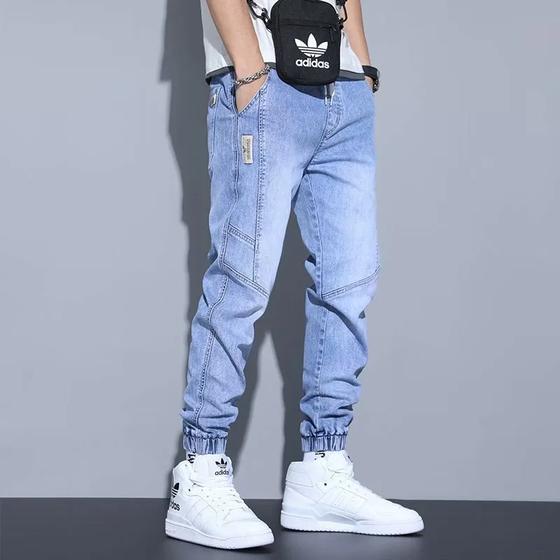 Men's slim fit ankle-tied harem jeans in blue, black, and gray – straight-leg cotton denim trousers