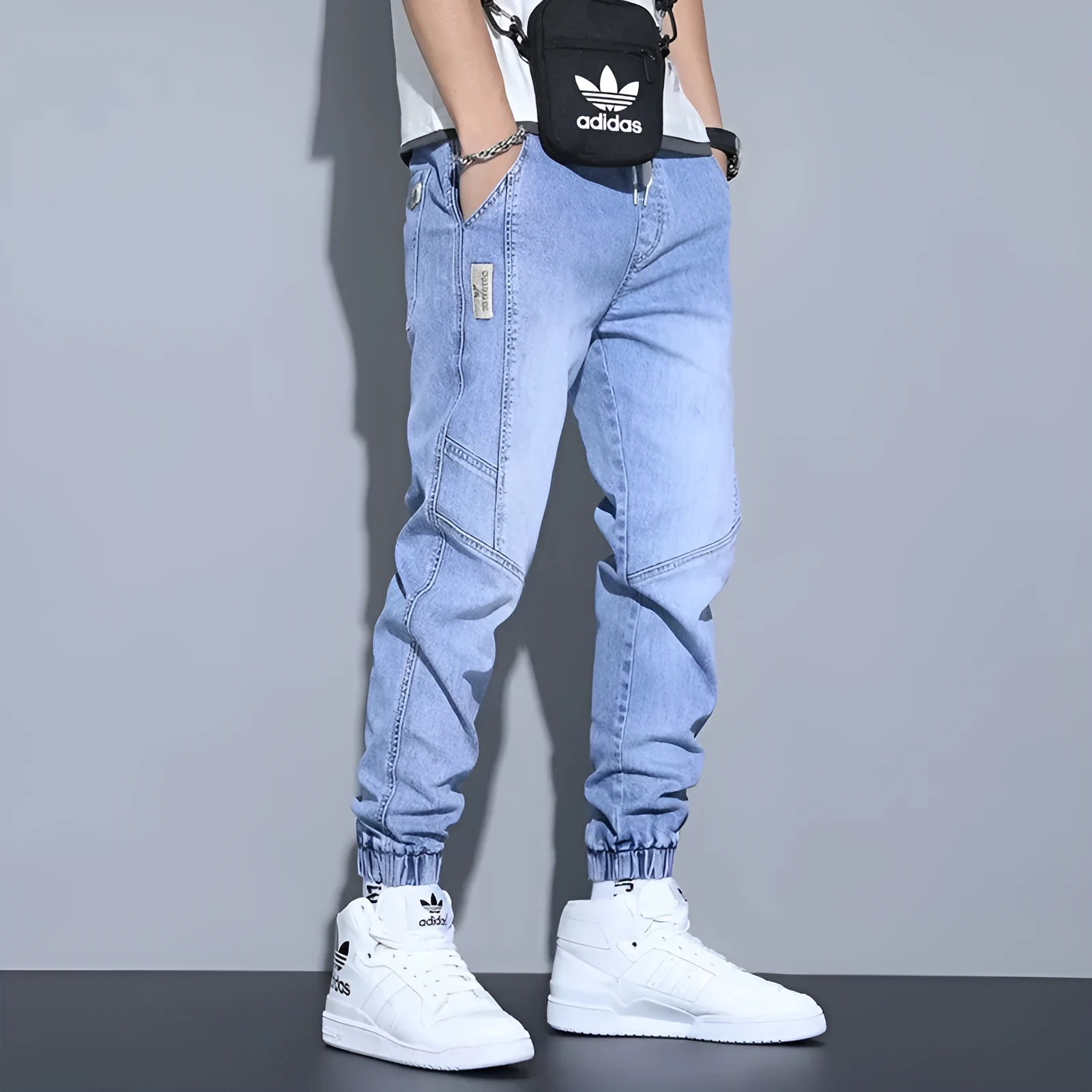 Men's slim fit ankle-tied harem jeans in blue, black, and gray – straight-leg cotton denim trousers