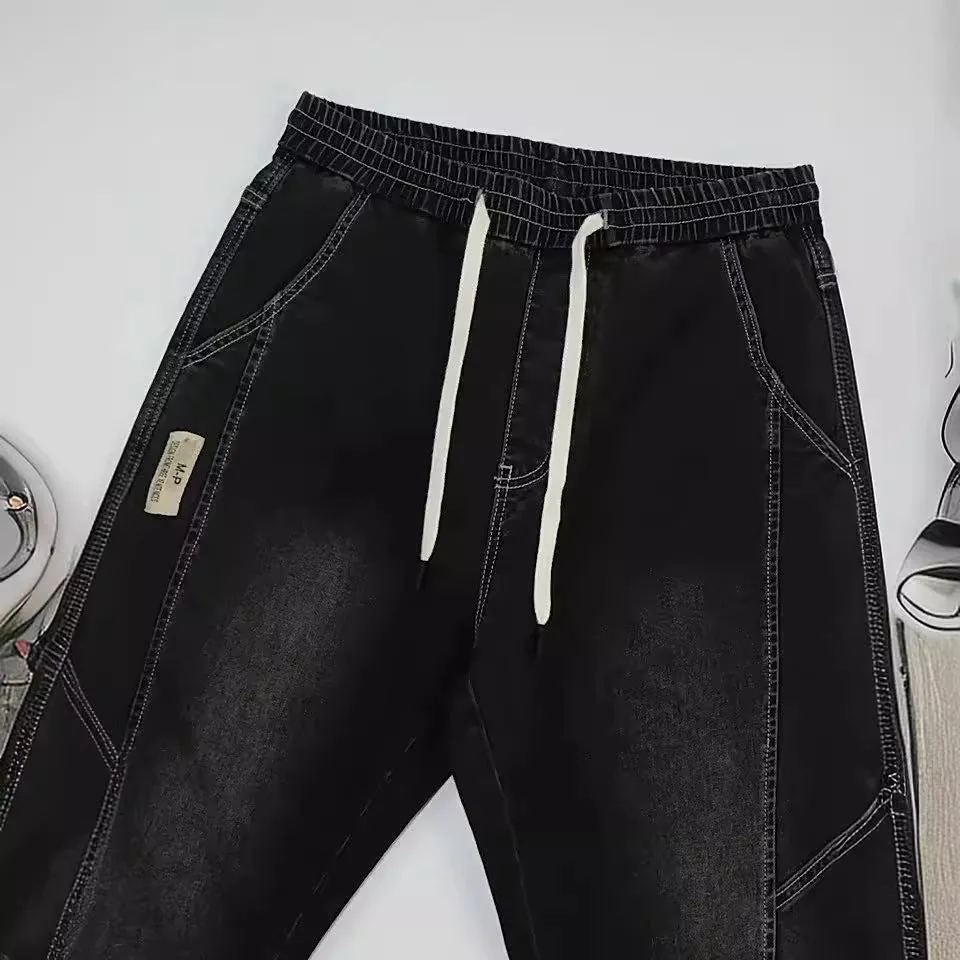 Men's slim fit ankle-tied harem jeans in blue, black, and gray – straight-leg cotton denim trousers